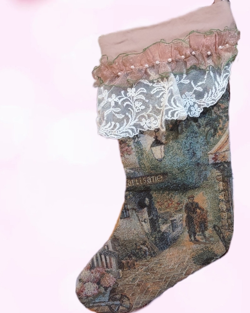French Victorian Tapestry Hanging Stocking - Picture 6 of 10